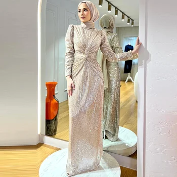 15709# Elegantno Dubaj Visoko Vratu Poln Rokavi Islamske Obleke Beaded Sequined Poroka Maturantski Večer Oblačenja Za Ženske فستان المساء