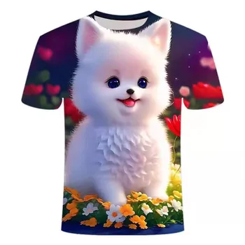 2023 Nove Fante in Dekleta' Lepe Risanke Mačka T-shirt 3D Tiskanje Poletje Priložnostne Kratek Rokav Krog Vratu Vrh Oblačila