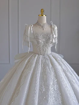2023 Nove Luksuzne Saten Poročno Obleko Čoln Vratu S Pearl Čipke Poročne Kratek Rokav Glittery Cvet Vestido De Noiva Žogo Obleke