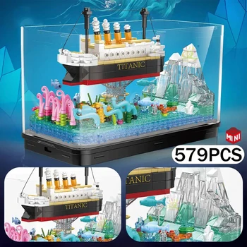 579PCS Titanik Fish Tank gradniki Ustvarjalne Pogledom na Čoln ledene gore Skupščine Opeke Z Lahka otroška Božična Darila