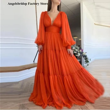 ANGELSBRIDEP Elegantno Živo Oranžna Večerne Obleke Globoko Razgradnje Puff Dolge Rokave Maturantski Slaven Oblek za Posebne Priložnosti Obleko