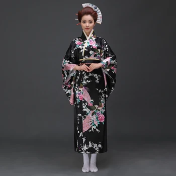 Black Letnik Japonskih Žensk Kimono Kopalne Obleke Ženske Umetno Svilo Yukata Z Obi Uspešnosti Plesno Obleko Cosplay Oblačila