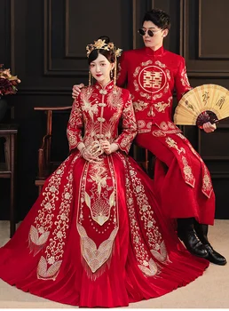 Cheongsam Hanfu Vezenje Zmaj Phoenix Kitajske Tradicionalne Nekaj Poročno Obleko Cheongsam Elegantno Nevesta Vintage Obleko Qipao