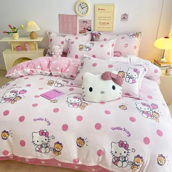 Hello Kitty Mleka Žamet Odeja Kritje Beding Nastavite Anime Risanke Sanrio Rjuhe Odeja Kritje Pillowslip Dormitorij 3-Delni Set