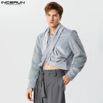 INCERUN Vrhovi 2023 Ameriški Modni Stil za Moške Križ Trdna Mozaik Obleko Coats Priložnostne Odrezana Puhasto Kratka Sleeved Jopič S-5XL