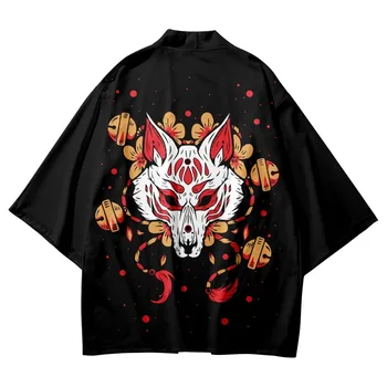 Japonski Fox Ulične Poletnih Oblačil Anime Tiskanja Tradicionalnih Kimono Moški Ženske Yukata Črno Jopico Cosplay Haori Plus Velikost