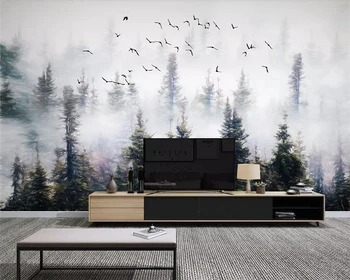 Ozadje po meri ročno poslikano, borov gozd oblaka ptica ozadje ozadje stensko slikarstvo doma dekoracijo 3d ozadje