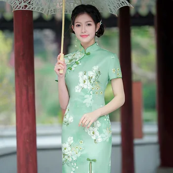 Plus Velikost Zeleno Cvetno Cheongsam Kratek Rokav Vintage Kratko Obleko Slim-fit Ženske Stranka Kostume Izboljšano Qipao S 3XL
