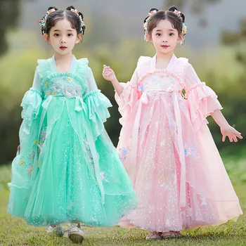 Starodavne Kitajske Kostum Otrok Pravljice, Cosplay Beading Hanfu Folk Dance Performance Oblačila Dekleta Vezenino Obleko