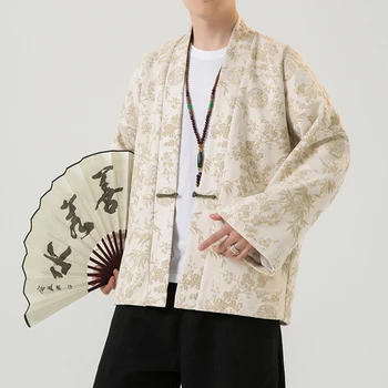 Vezenje Kimono Daopao Haljo Plus Velikost 4XL 5XL Jesen Zima Tradicionalna Kitajska Obleka Orient Tang Hanfu za Moške Antilop Jakna