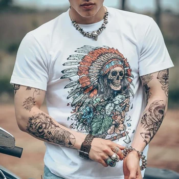 Čisti Bombaž Bela Krog Vratu Kratek sleeved majica s kratkimi rokavi Moški Zahodne Rock Band Lobanje Težkih Kovin Etnične Indijski Glavo Kratka sleeved